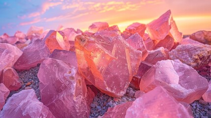 Canvas Print -   At sunset, a mound of rocks holds a cluster of pink crystals above a tranquil body of water