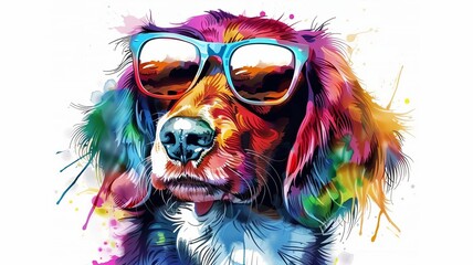 Wall Mural - cartoon dog wearing colored glasses on a white background. animals selective focus, Generative AI,