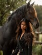 A woman in a sleek, black jumpsuit leans confidently against a majestic Arabian horse The horse, with its flowing mane and tail, snorts softly, adding an air of sophistication to the relaxed fashion s