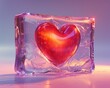 Contemporary graphic of a red heart within a glasslike rectangle, placed against a gradient pastel lavender backdrop, emphasizing romantic purity