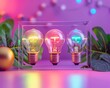 Creative presentation of lightbulbs enclosed in a glass rectangle, against a vibrant pastel purple background, denoting energy and clarity in design