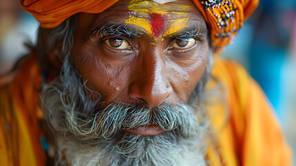 Wall Mural - Close-up portrait of an old Muslim man, adorned with traditional face paint, capturing the essence of lifestyle and indigenous cultures. Experience the wisdom and spirituality of age.