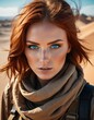 Redhead warrior woman in a desert portrait photo on sunny day looking at camera with blue eyes