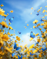 Wall Mural - Meadow field with blossom yellow Cosmos flowers and blue butterflies against at sunny day with blue sky in summer, summer flower theme.