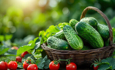 Wall Mural - Fresh organic cucumbers and tomatoes in the garden natural vegetables background