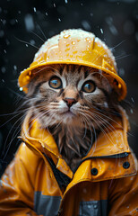 Poster - Cat in raincoat and helmet on his head