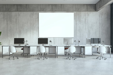 Poster - Contemporary coworking office interior with daylight and empty white mock up banner on concrete wall. 3D Rendering.