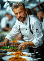 Wall Mural - Professional chef in white uniform garnishing food with vegetables in the kitchen of modern restaurant