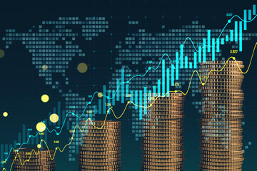 Aufkleber - Creative growing forex chart and stacked golden coins on dark background with map. Trade, growing income and stock concept. Double exposure.
