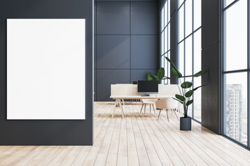Aufkleber - Modern wooden and concrete coworking office interior with clean white mock up poster on wall and panoramic window and city view. 3D Rendering.
