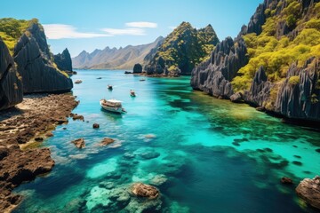 Boats with tourists in blue lagoon. Philippine landscape. Generative AI. Beautiful rocks and trees with green crowns growing on them.