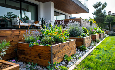 Wall Mural - Modern wooden flower planters with various plants and flowers in line on patio