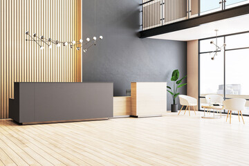 Poster - Modern office lobby with reception desk, wooden slats on walls, stylish light fixtures, and a seating area in the background, representing a modern business interior. 3D Rendering