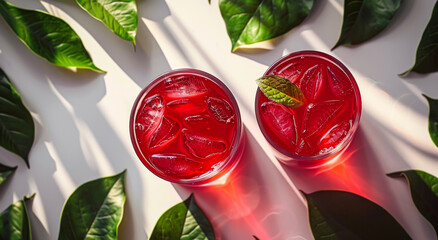 Wall Mural - Two glasses of cold refreshing drink with ice and mint leaves on white background