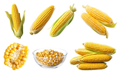 Poster - Corn vegetable fruit, many angles and view side top front cluster stalk group cut isolated on transparent background cutout, PNG file. Mockup template for artwork graphic design