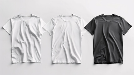 Wall Mural - Mockup of clothes collections for an advertisement, poster, or art design. Three basic white and black t-shirt are displayed on a plain white background.