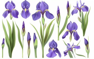 Wall Mural - Spring iris flower bouquet. Isolated realistic petals, flowers, branches, leaves vector set.