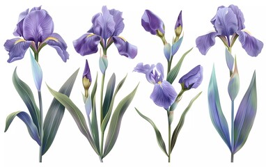 Wall Mural - Spring iris flower bouquet. Isolated realistic petals, flowers, branches, leaves vector set.