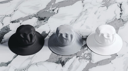 Canvas Print - Mockup of clothes collections for an advertisement, poster, or art design. Three basic white, grey, and black bucket hats are displayed on a marble background.