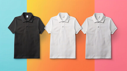 Wall Mural - Mockup of clothes collections for an advertisement, poster, or art design. Three basic white, grey, and black polo shirts are displayed on a colorful pastel background.