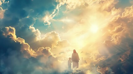 Wall Mural - A serene and tranquil scene of Jesus Christ and a child surrounded by heavenly clouds. 