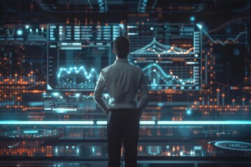Poster - In a futuristic setting, a man reviews data on advanced interface analytics in a high-tech control room