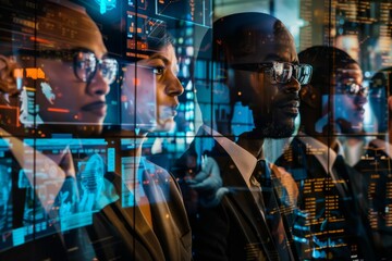 Wall Mural - A blurred trader examines advanced stock market analytics in a bustling, high-tech trading floor environment