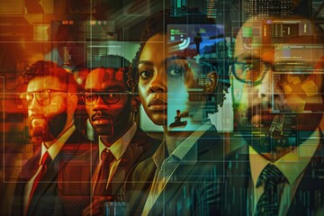Poster - Artistic corporate composition with digital interfaces and diverse business people portraits