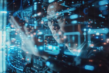 Fototapete - A man immersed in advanced digital interface technology engaging with data