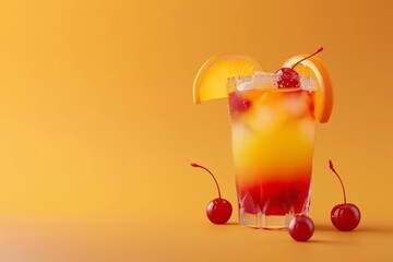 A glass of orange juice with a cherry on top