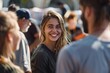 © Odin AI - A young woman with a captivating smile enjoying a conversation in a lively street scene