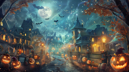 A spooky Halloween night filled with jack-o'-lanterns bats and ghostly delights where seasonal teddy bears don costumes and embark on a thrilling trick-or-treat adventure through moonlit streets