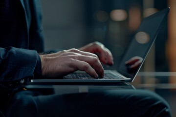 Poster - Close-up of an individual's hands using a laptop with backlight illuminating the silhouette against a dark background