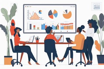 Poster - An animated team of five colleagues collaborating and analyzing data charts on a large screen in their office