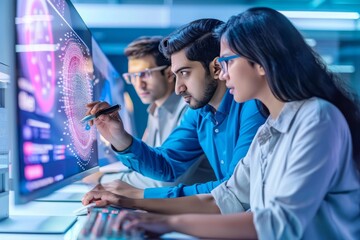 Poster - Diverse team of tech professionals intensely working on advanced graphic design on computer monitors in modern office