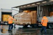 © Odin AI - Workers in high visibility jackets unloading boxes from a delivery truck on a rainy day