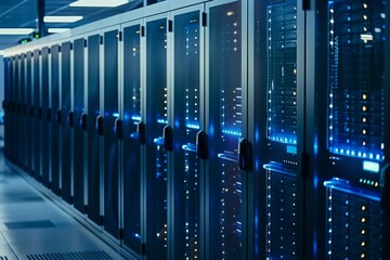 Poster - A sleek interior of a modern data center with rows of high tech server racks indicating data storage and processing