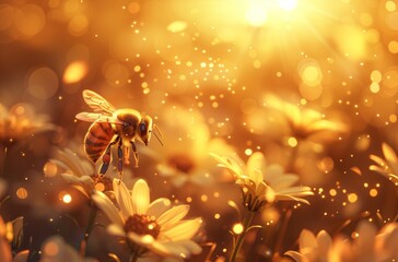 Wall Mural - Cinematic shot of a bee in the center, surrounded by flowers and honey particles. The background is a warm golden glow with soft bokeh lights. The lighting creates a dreamy atmosphere. 