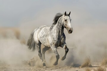 Naklejka na meble Gallop of Spirit: Grey Horse Rises Dramatically in Desert Dust