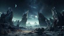 Stunning Sci-fi Landscape With Rocks, Stars, And A Distant Planet