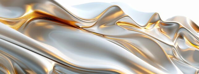 Wall Mural - 3D render, abstract background with white and gold shapes on a gray background, closeup, copy space, elegant design in the style of modern style, futuristic look with flowing curves