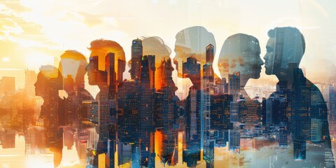 Wall Mural - A double exposure image of a diverse group of professionals overlaid with a city skyline, symbolizing career opportunities in urban settings. 