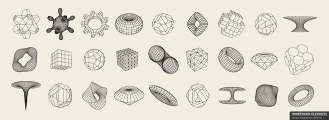 Set of different linear form. Elements consisting of a grid and dots. Collection of lowpoly 3D polygonal shapes.
