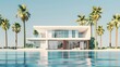 Geometric abstract house or hotel. Beach house or villa among palm trees. Summer vacation concept background with copy space