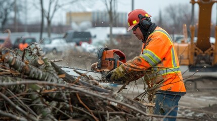 A worker using a chainsaw to trim branches near a construction site. 