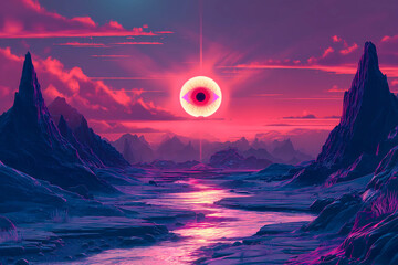 Wall Mural - abstract psychedelic vapor wave neon dream world background with the eye of the creator in the sky