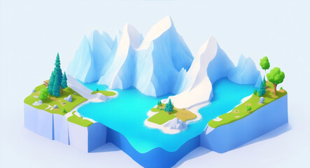 Abstract cartoon style 3d mountain valley with clear sky, blue sky with white cloud isometric view background illustration for book cover, coloring book, wallpaper,. Generative Ai.,