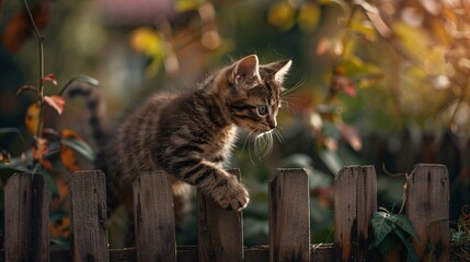 A kitten is climbing a wooden fence