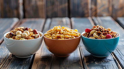 Wall Mural - Three bowls of cereal and nuts on a wooden table. Suitable for food and nutrition concepts