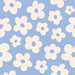 Aufkleber - Seamless pattern with white groovy daisy flowers on a blue background. Vector illustration